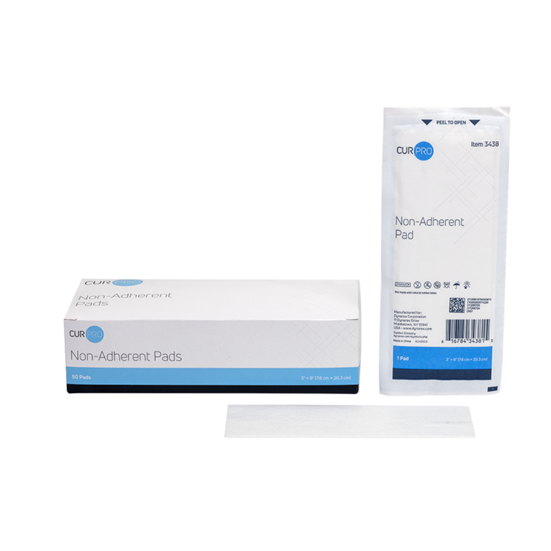 A box, a sealed packet, and a single strip of Dynarex Non-Adherent Dressing Pads - Sterile are shown on a white background. The packaging highlights the sterile wound pads, and the strip displays an individual pad.