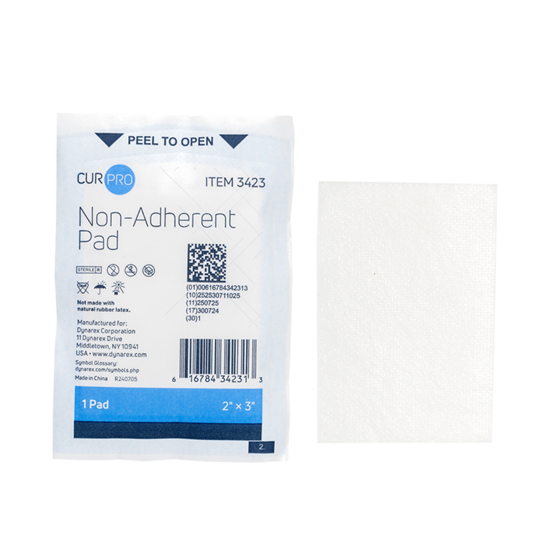 A packaged Dynarex Non-Adherent Dressing Pad - Sterile is shown beside an unwrapped white pad. The packaging features product info, a barcode, and "2 x 3". These sterile pads provide gentle wound protection.