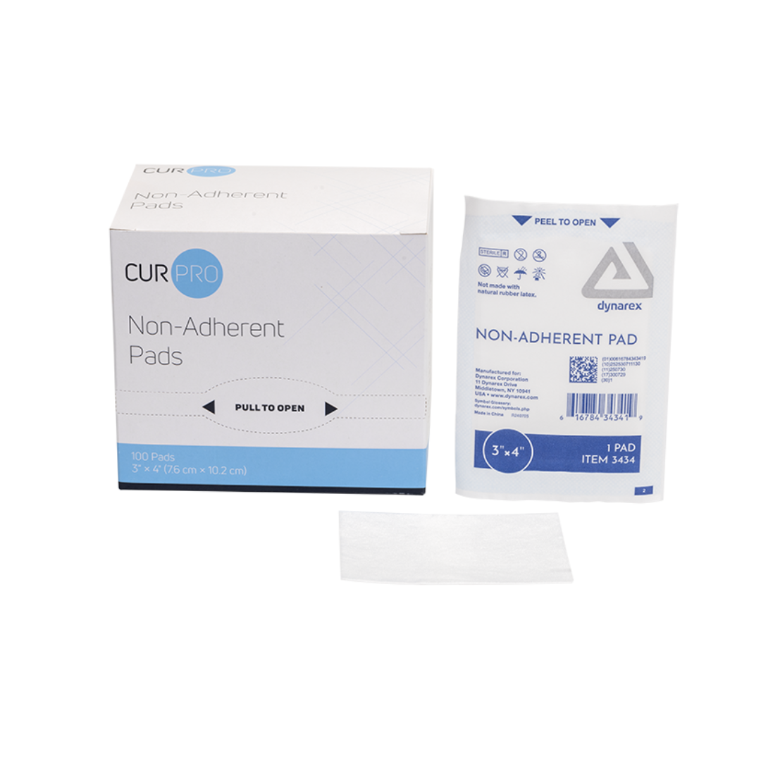 A box and packet of Dynarex Non-Adherent Dressing Pads - Sterile, along with a single pad, are displayed on a white background, showcasing dependable wound protection options.