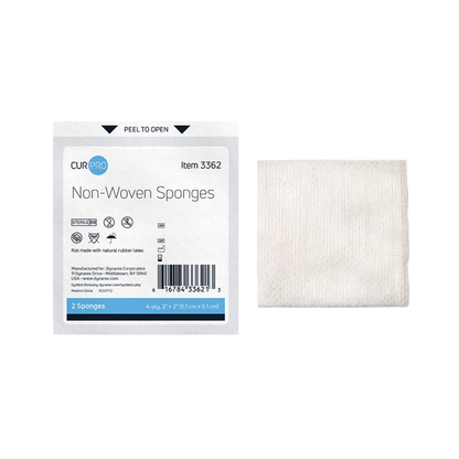A packet labeled Dynarex CurPro Non-Woven Sponges, displaying medical details and a barcode, is shown beside an unfolded, highly absorbent wound sponge. The packaging indicates it contains two sterile, latex-free sponges.