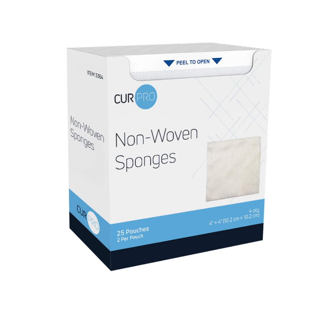 A white and blue box labeled Dynarex CurPro Non-Woven Sponges, featuring a sponge image. Contains 25 pouches with 2 premium non-woven (4x4) sponges each. A "Peel to Open" label at the top ensures easy access.