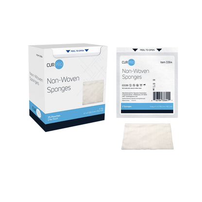 A box labeled "Dynarex CurPro Non-Woven Sponges," a sealed pouch containing two premium non-woven sponges, and one unfolded white sponge are displayed on a white background. The box includes 25 pouches of highly absorbent wound sponges.