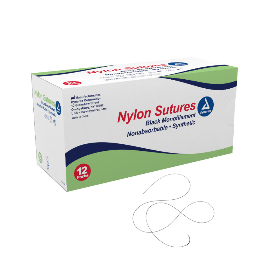 A box labeled Dynarex Nylon Sutures is shown next to two curved needles with black threads. The box contains 12 packs of nonabsorbable, synthetic black monofilament sutures and displays manufacturer details.