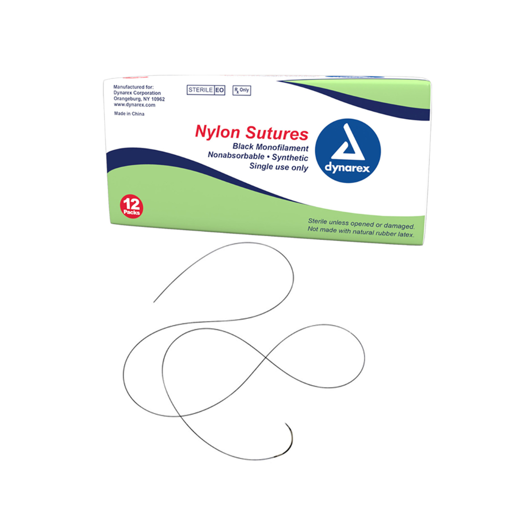 Dynarex Nylon Sutures—black, non-absorbable monofilament, single use. Contains 12 sutures plus two curved needles pre-threaded with black nylon.