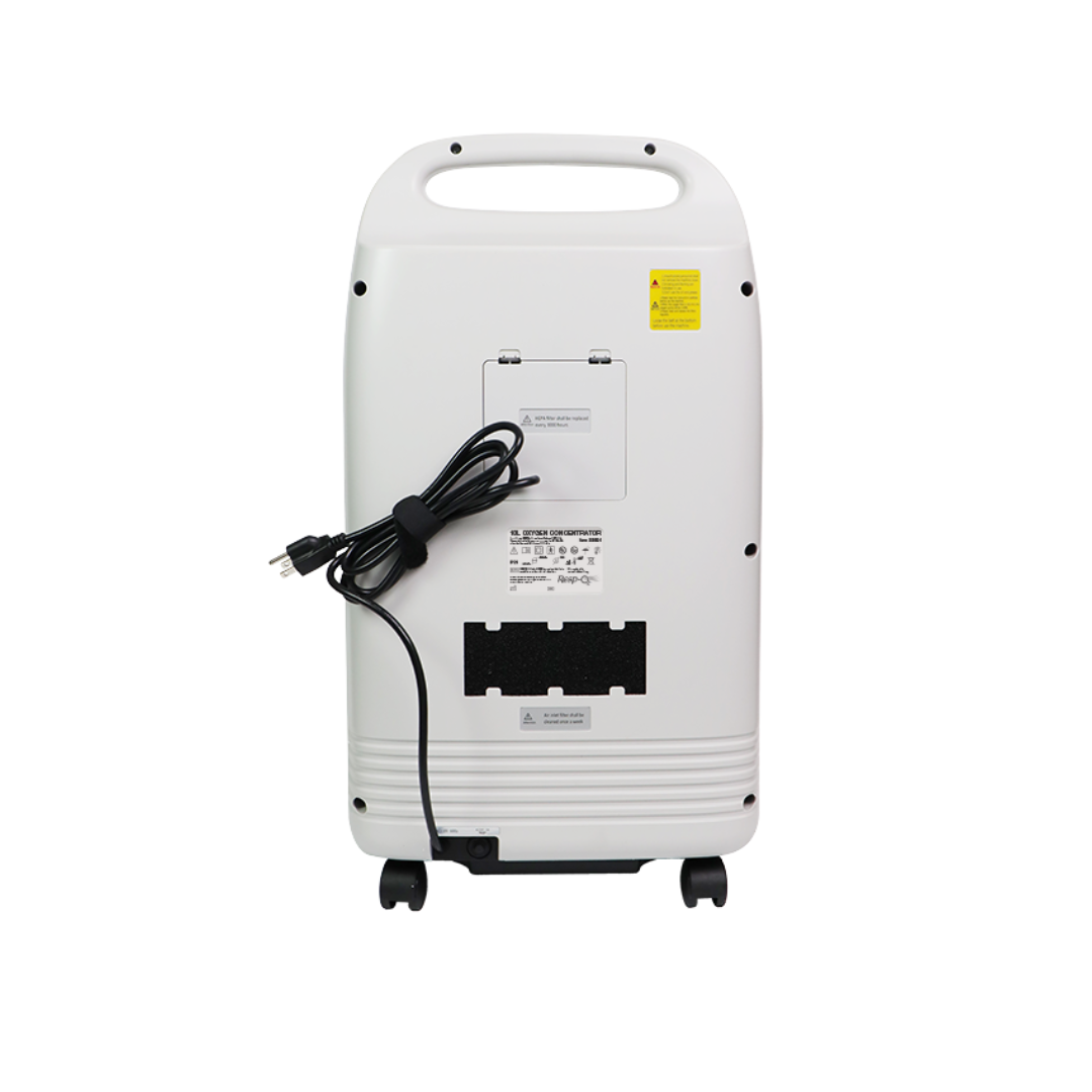 Back view of the Dynarex Resp-02™ Oxygen Concentrator (5L or 10L) with handle, control panel, power cord, labels, and wheels—ideal for inclusion in product specifications or spec tables.