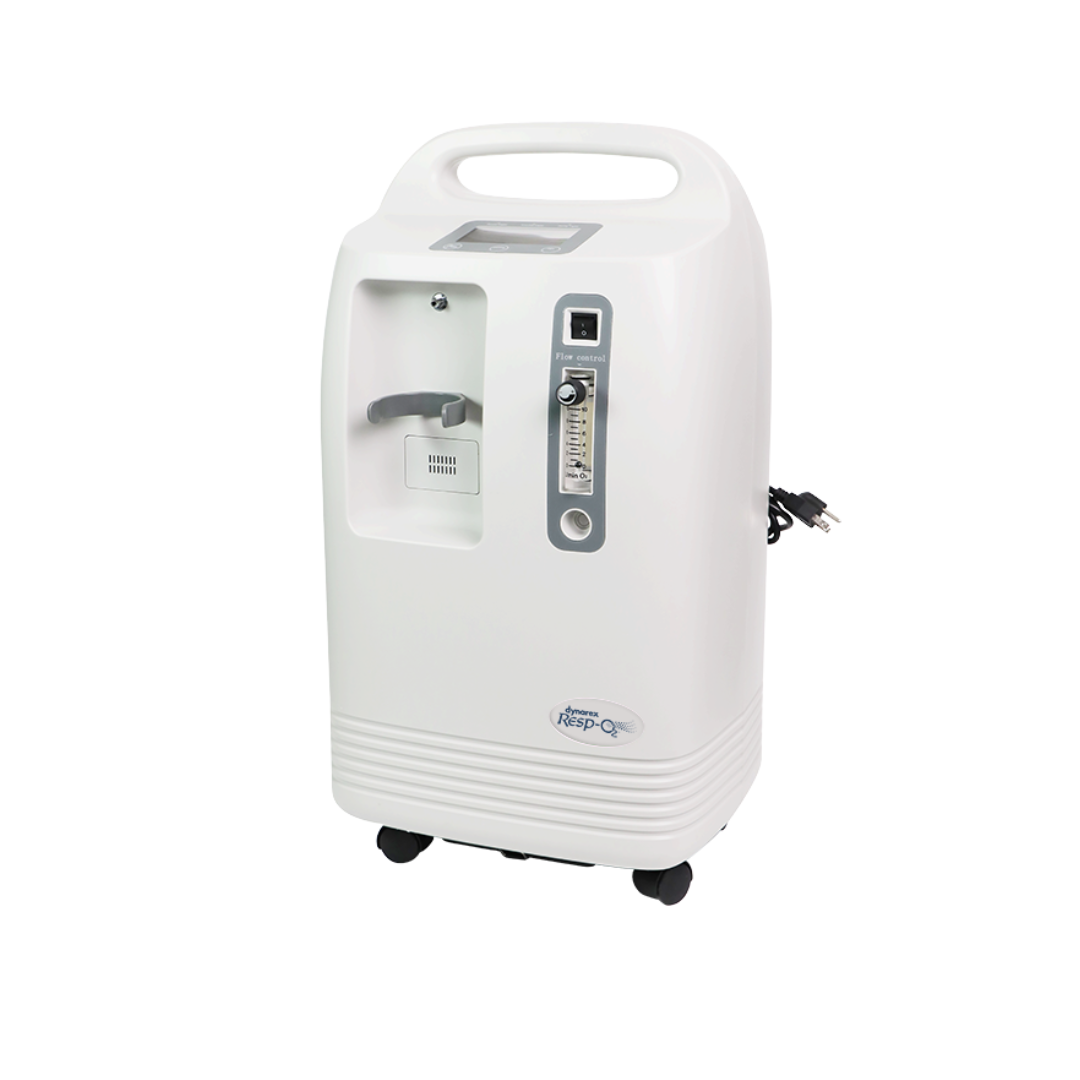 The Dynarex Resp-02™ Oxygen Concentrator (5L or 10L) is a white portable unit with four wheels, built-in handle, control panel, knob, flow meter, and power cord—see the spec table for full product details.