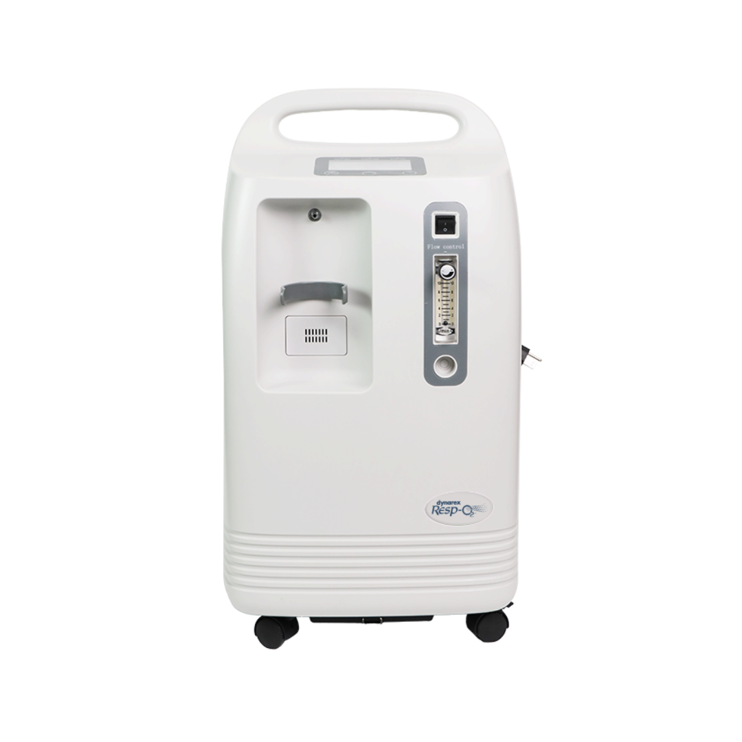 The Dynarex Resp-02™ Oxygen Concentrator (5L or 10L) is a white unit with a top handle, front control panel and display, and four small wheels—ideal for those needing detailed product specifications.