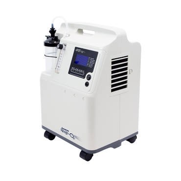 The Dynarex Resp-02™ Oxygen Concentrator (5L or 10L) is a white portable unit with a digital display, control buttons, transparent canister, ventilation grilles, wheels for mobility, and a detailed specifications table.