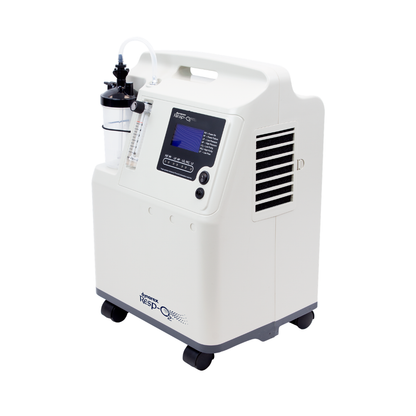 The Dynarex Resp-02™ Oxygen Concentrator (5L or 10L) is a white portable unit with a digital display, control buttons, transparent canister, ventilation grilles, wheels for mobility, and a detailed specifications table.