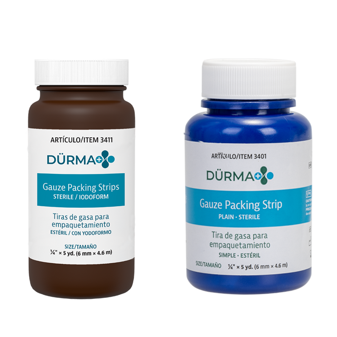 Two bottles of Dynarex Dürma+ Packing Strips are shown: one brown-labeled for iodoform gauze, ideal for wound care, and one blue-labeled for plain sterile packing gauze.