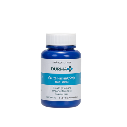 A blue plastic bottle labeled Dynarex Dürma+ Packing Strips contains sterile gauze for wound packing, with English and Spanish labeling, shown against a white background.