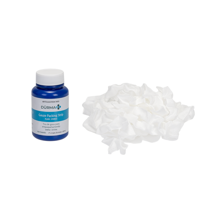 A blue bottle labeled Dynarex Dürma+ Packing Strips sits beside a pile of white sterile wound packing gauze, perfect for effective wound care, on a plain white background.