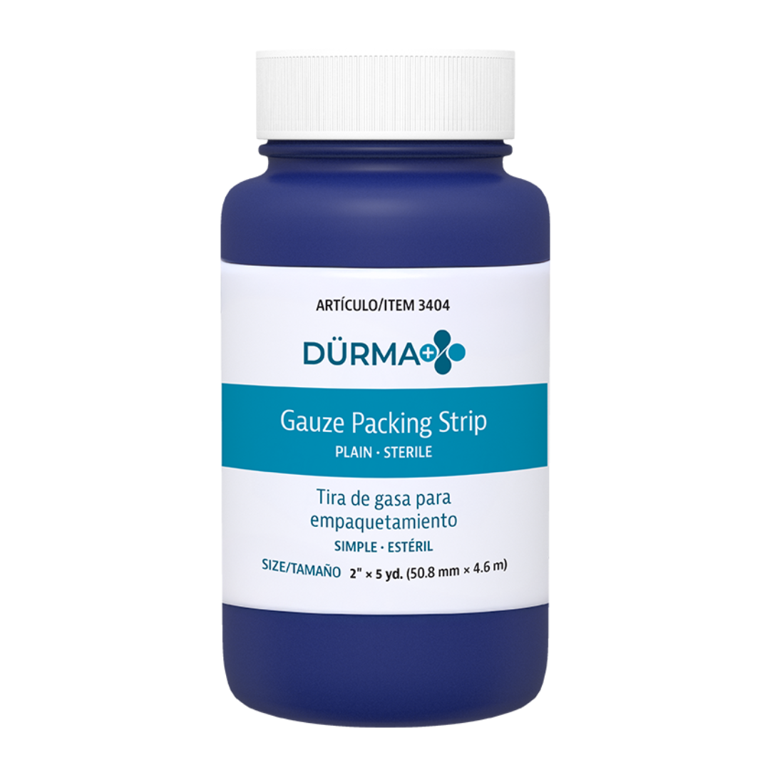 A blue plastic bottle labeled “Dynarex Dürma+ Packing Strips, Plain, Sterile” with a white cap contains 2 x 5 yd. sterile wound packing gauze. The label includes English and Spanish text for efficient wound care.