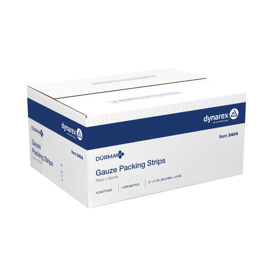 A white and blue Dynarex Dürma+ Packing Strips box (item #3404) contains 12 bottles. Labeled for wound management, these sterile gauze strips feature clear branding and product details.