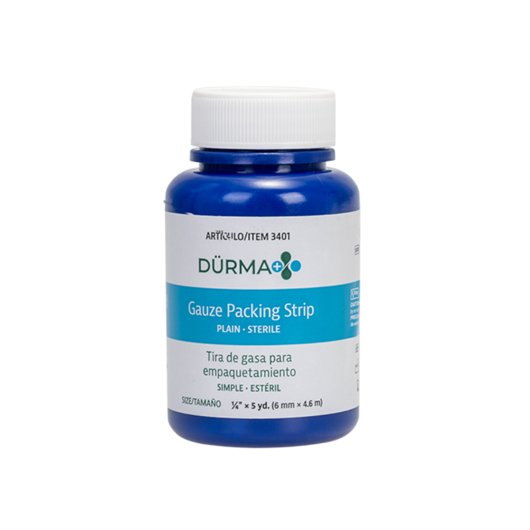 A blue plastic bottle labeled Dynarex Dürma+ Packing Strips in English and Spanish contains sterile, plain gauze for wound management. Size: ¼” x 5 yds (6 mm x 4.6 m).