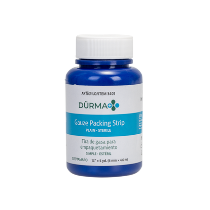 A blue plastic bottle labeled Dynarex Dürma+ Packing Strips in English and Spanish contains sterile, plain gauze for wound management. Size: ¼” x 5 yds (6 mm x 4.6 m).