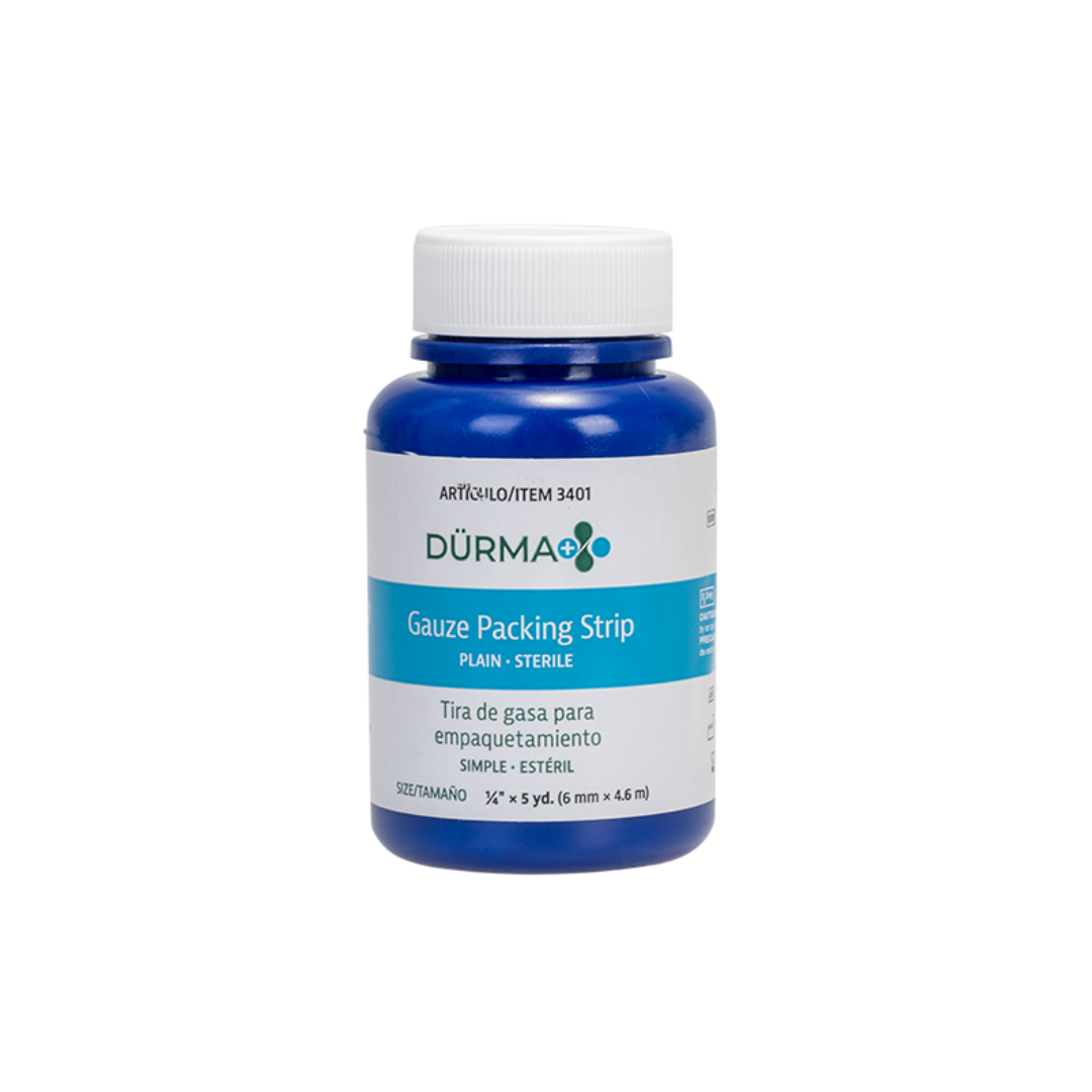 Blue plastic bottle labeled Dynarex Dürma+ Packing Strips, sterile plain gauze for wound packing, with bilingual English/Spanish text and specs ¼ inch x 5 yards (6 mm x 4.5 m), designed for effective wound management.