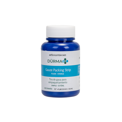 Blue plastic bottle labeled Dynarex Dürma+ Packing Strips, sterile plain gauze for wound packing, with bilingual English/Spanish text and specs ¼ inch x 5 yards (6 mm x 4.5 m), designed for effective wound management.