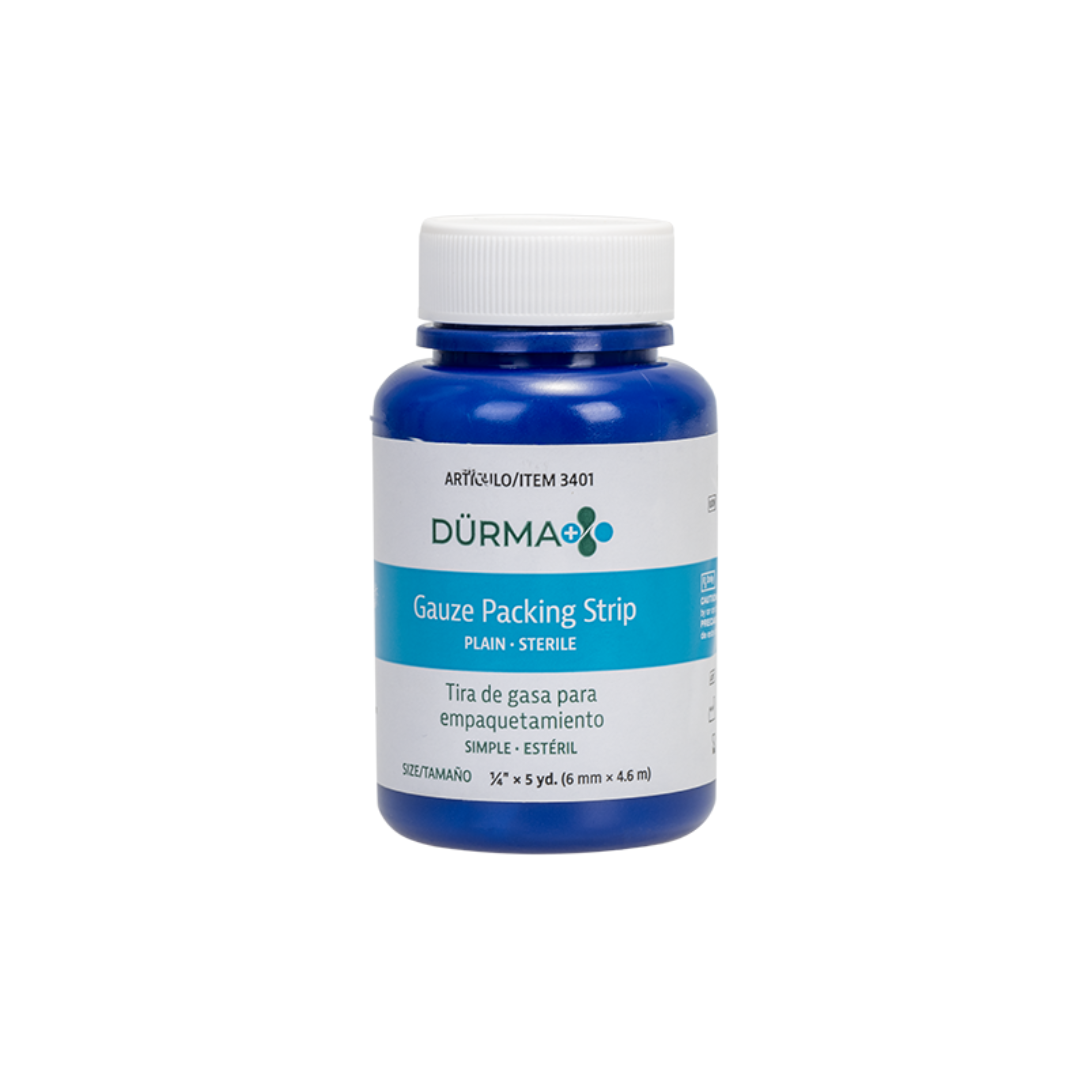 A blue plastic bottle labeled Dynarex Dürma+ Packing Strips, plain sterile wound packing gauze for medical use, in English and Spanish, with a white screw cap. Ideal for wound management.