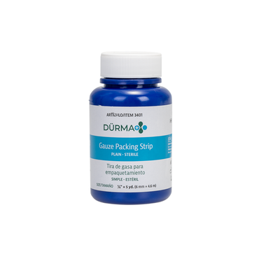 A blue plastic bottle labeled Dynarex Dürma+ Packing Strips, plain sterile wound packing gauze for medical use, in English and Spanish, with a white screw cap. Ideal for wound management.