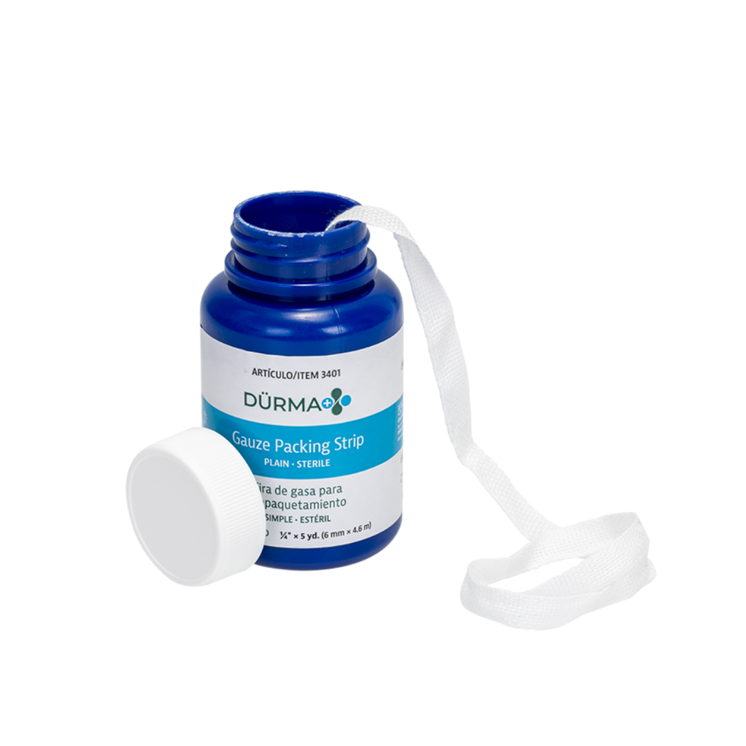 A blue container labeled Dynarex Dürma+ Packing Strips with a white lid lies beside it, with a strip of sterile wound packing gauze partially pulled out—ideal for effective wound management.