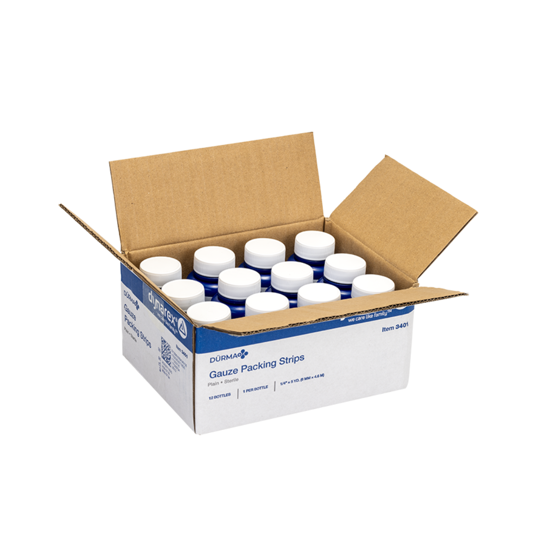 Open white box with blue accents containing twelve small bottles of Dynarex Dürma+ Packing Strips. The sterile iodoform wound packing gauze is neatly arranged, ideal for effective wound management.