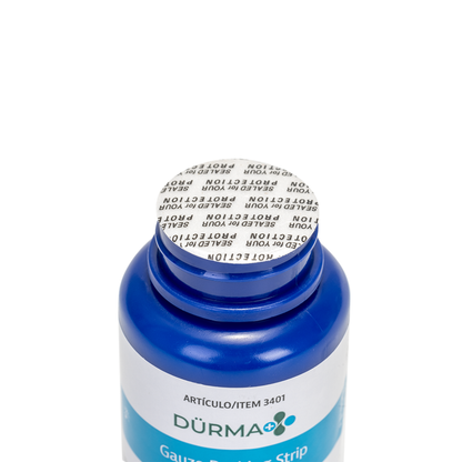 A blue and white bottle labeled Dynarex Dürma+ Packing Strips containing sterile wound packing gauze is shown against a white background. The sealed foil cap reads SEALED FOR YOUR PROTECTION.