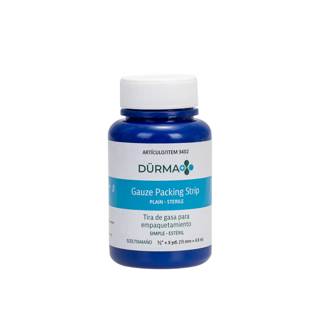 A blue plastic bottle labeled Dynarex Dürma+ Packing Strips contains ½ inch x 5 yards of sterile gauze for wound management, with product info in English and Spanish.