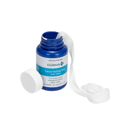 A blue bottle labeled Dynarex Dürma+ Packing Strips with its white cap off and a strip of sterile gauze partially pulled out rests beside the bottle on a white background, ideal for efficient wound management.