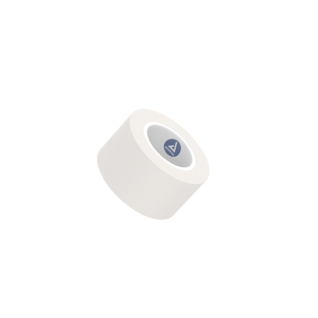 A single roll of Dynarex Paper Surgical Tape, featuring a white adhesive design and a central blue circular label, shown against a white background.
