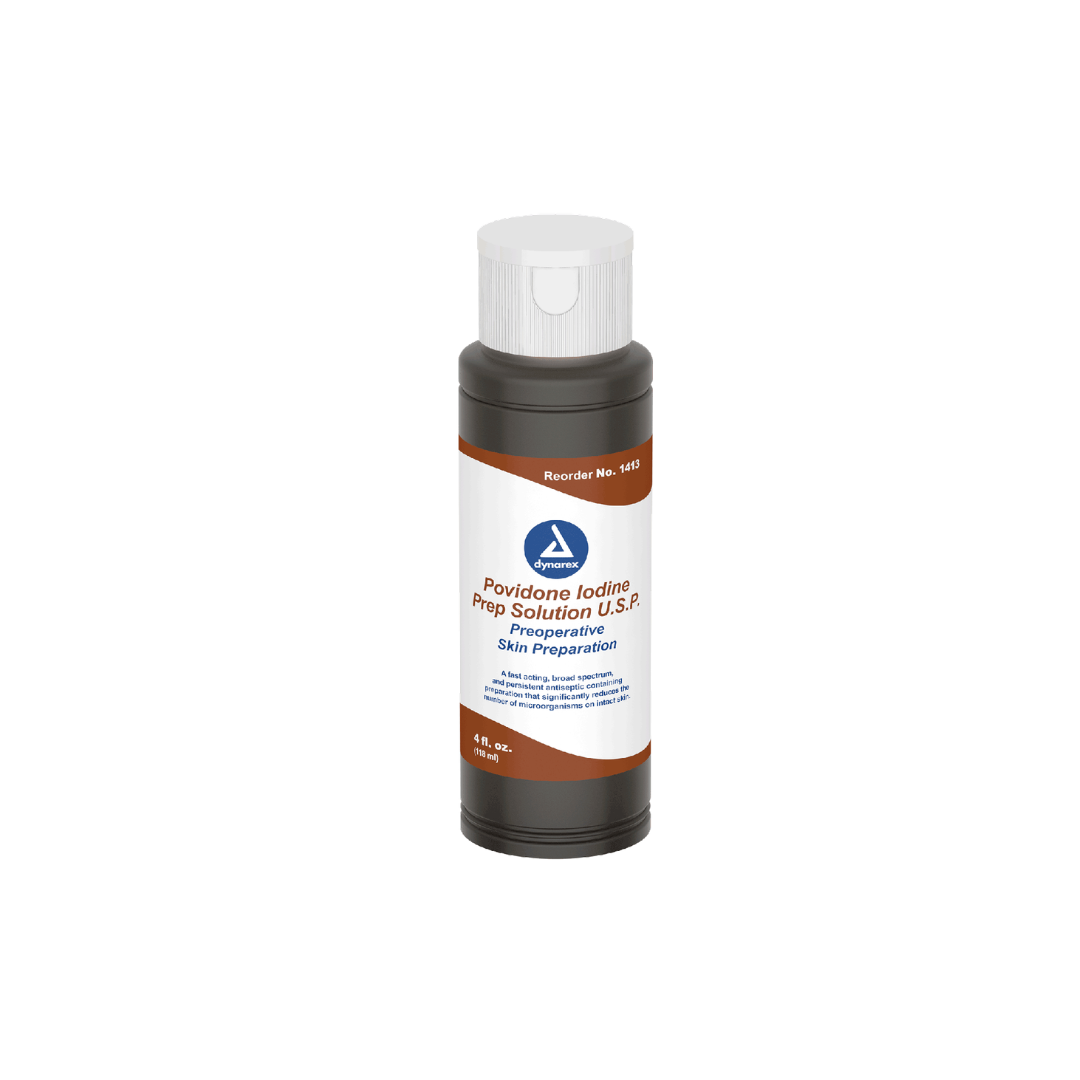 A brown plastic bottle of Dynarex Povidone Iodine Prep Solutions with a white and brown label and white cap, designed as an effective skin cleanser and antiseptic, stands upright on a white background.