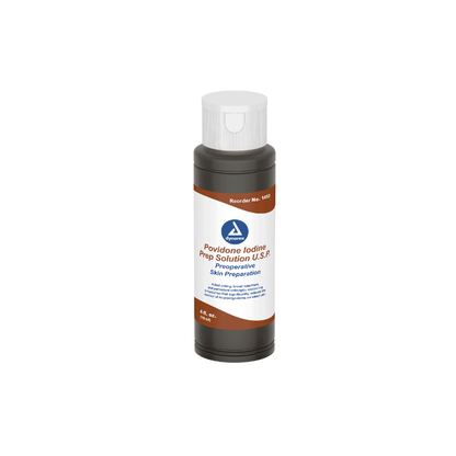 A brown plastic bottle of Dynarex Povidone Iodine Prep Solutions with a white and brown label and white cap, designed as an effective skin cleanser and antiseptic, stands upright on a white background.