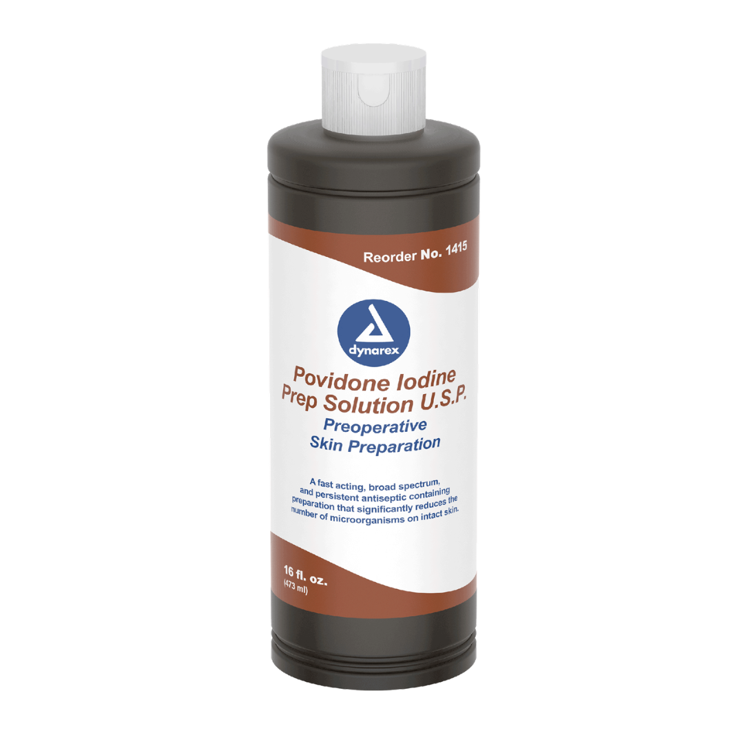 A brown plastic bottle of Dynarex Povidone Iodine Prep Solutions with a white cap and a white label featuring blue and brown accents, ideal for use as a skin cleanser during preoperative preparation.