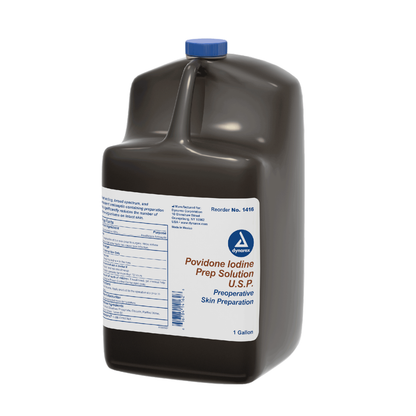 A 1-gallon plastic container with a blue cap labeled Dynarex Povidone Iodine Prep Solutions, designed for preoperative skin preparation. The label provides product information and usage instructions.