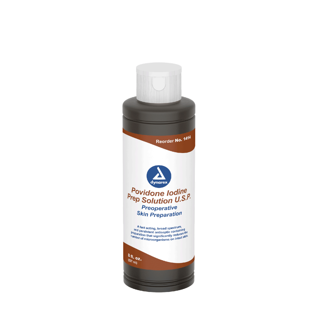 An 8 fl. oz. plastic bottle of Dynarex Povidone Iodine Prep Solutions, an effective preoperative skin cleanser, features a brown and white label plus a convenient flip-top cap.
