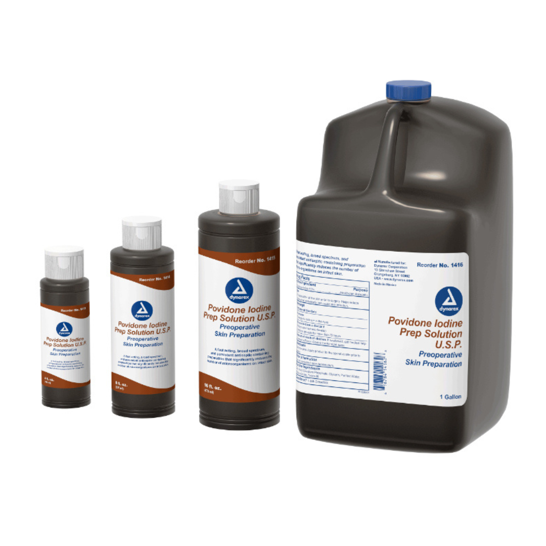 Four brown plastic bottles of Dynarex Povidone Iodine Prep Solutions in various sizes include a 1-gallon jug and smaller cylindrical bottles with white caps and orange-and-white labels for skin cleansing use.