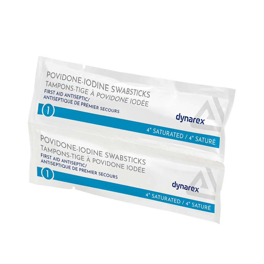Two individually wrapped Dynarex Povidone Iodine Swabsticks labeled as antiseptic skin prep, in blue and white packaging with bilingual English and French text.