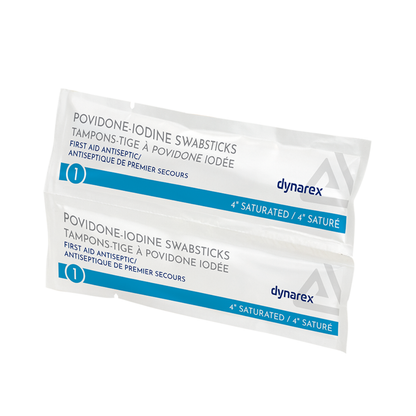 Two individually wrapped Dynarex Povidone Iodine Swabsticks labeled as antiseptic skin prep, in blue and white packaging with bilingual English and French text.