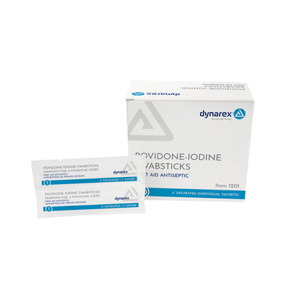A box of Dynarex Povidone Iodine Swabsticks displayed on a white background with two individual antiseptic skin prep swabstick packets placed in front.