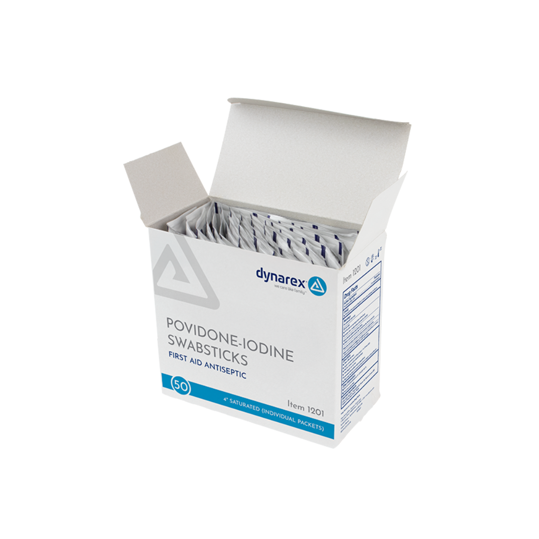An open box of Dynarex Povidone Iodine Swabsticks, labeled as antiseptic skin prep, contains 50 individually wrapped first aid swabs.