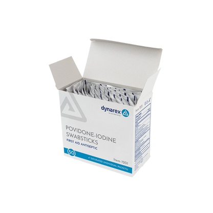An open box of Dynarex Povidone Iodine Swabsticks, labeled as antiseptic skin prep, contains 50 individually wrapped first aid swabs.