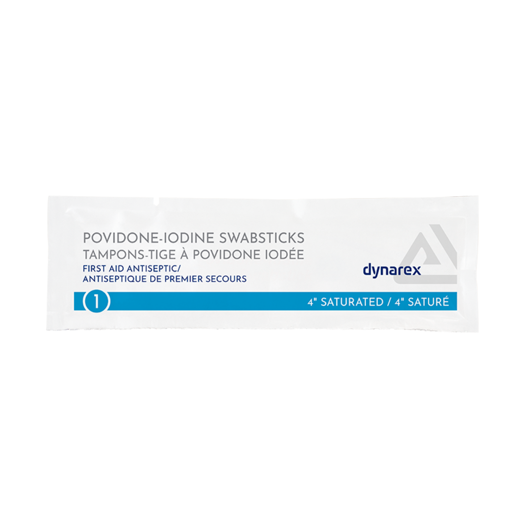 Dynarex Povidone Iodine Swabsticks are antiseptic 4-inch swabs with blue and white labeling in English and French, designed for first aid skin prep.