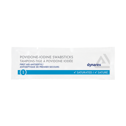 Dynarex Povidone Iodine Swabsticks are antiseptic 4-inch swabs with blue and white labeling in English and French, designed for first aid skin prep.