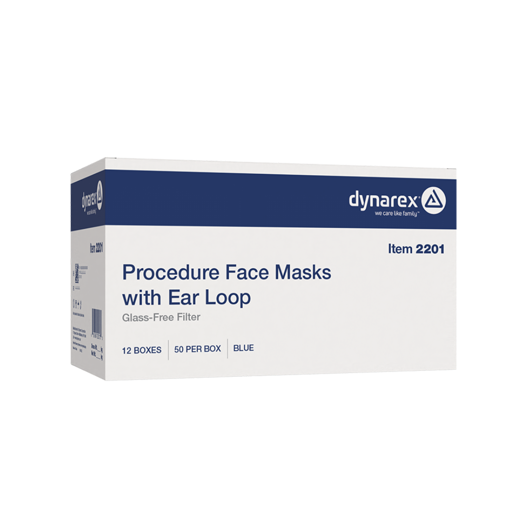 A case of Dynarex Procedure Face Mask w/ Ear Loop, item 2201, contains 12 boxes of 50 blue masks each with glass-free filter in white packaging with blue accents.