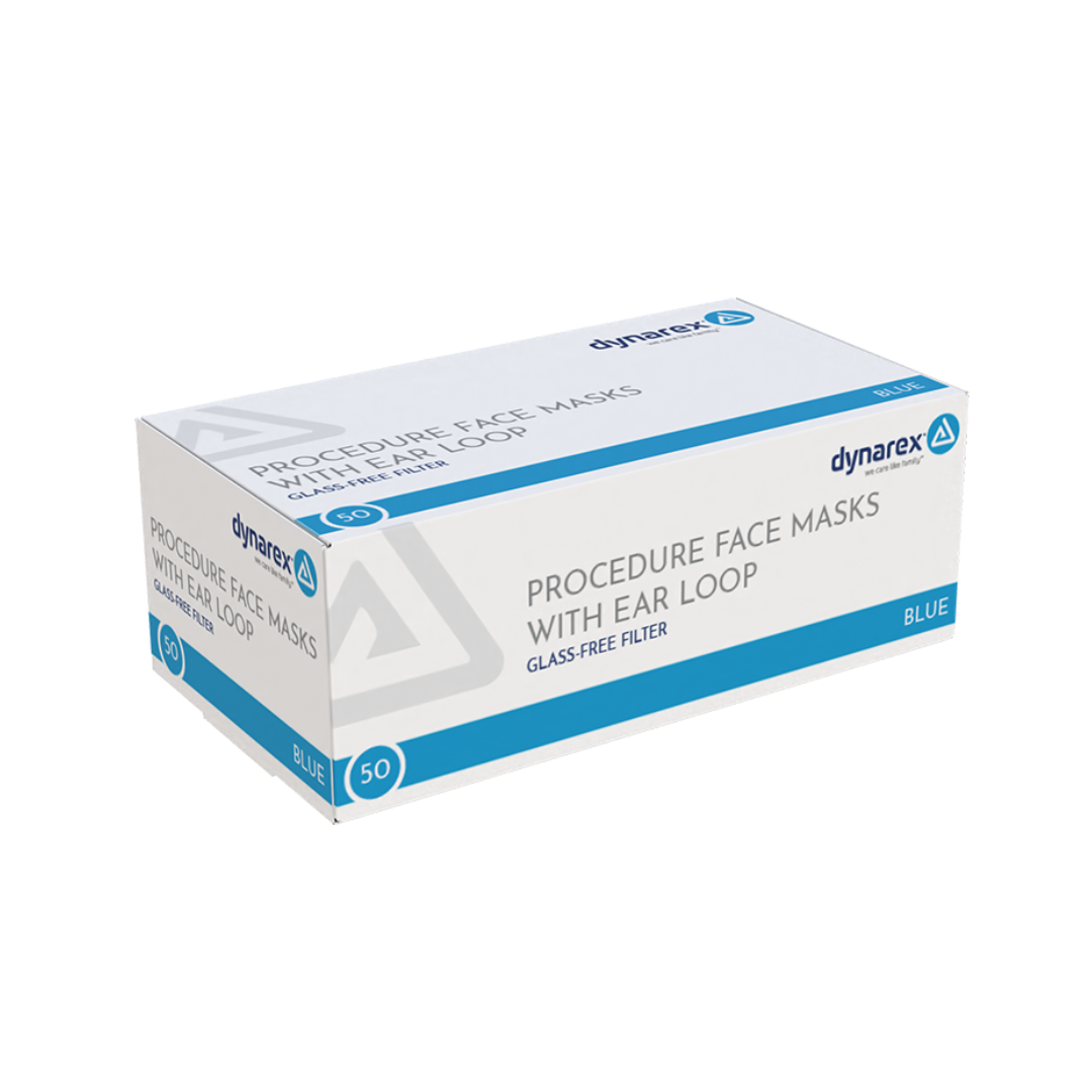 A box of Dynarex Procedure Face Mask w/ Ear Loop, glass-free filter, blue, 50 count. The mainly white packaging features blue accents and Dynarex branding.