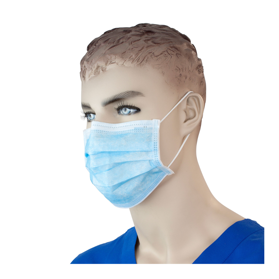 A mannequin head wears a Dynarex Procedure Face Mask w/ Ear Loop with blue medical scrubs, shown from the shoulders up against a white background.