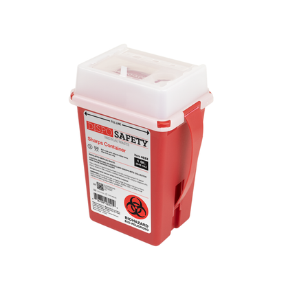A red, rectangular Dynarex Sharps Container with white lid and handle, labeled DISPO SAFETY, is designed for safe disposal and secure containment of needles or other sharp medical waste.