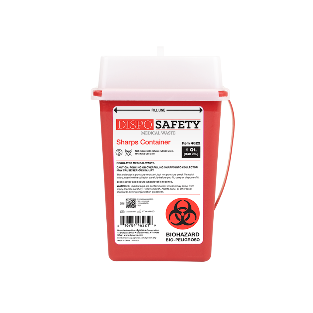 A red Dynarex Sharps Container with a white lid features a biohazard label, safety warnings, barcode, and biohazard symbol, ensuring safe disposal of sharps and proper handling of biohazardous waste.