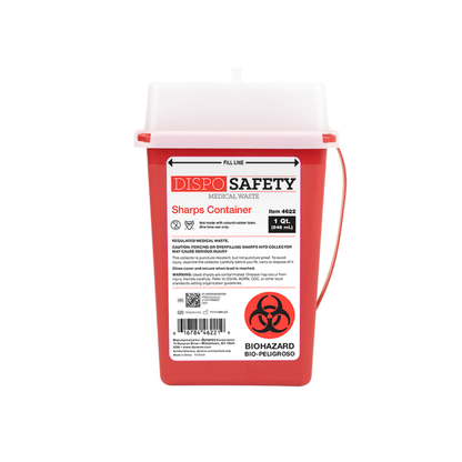 A red Dynarex Sharps Container with a white lid features a biohazard label, safety warnings, barcode, and biohazard symbol, ensuring safe disposal of sharps and proper handling of biohazardous waste.