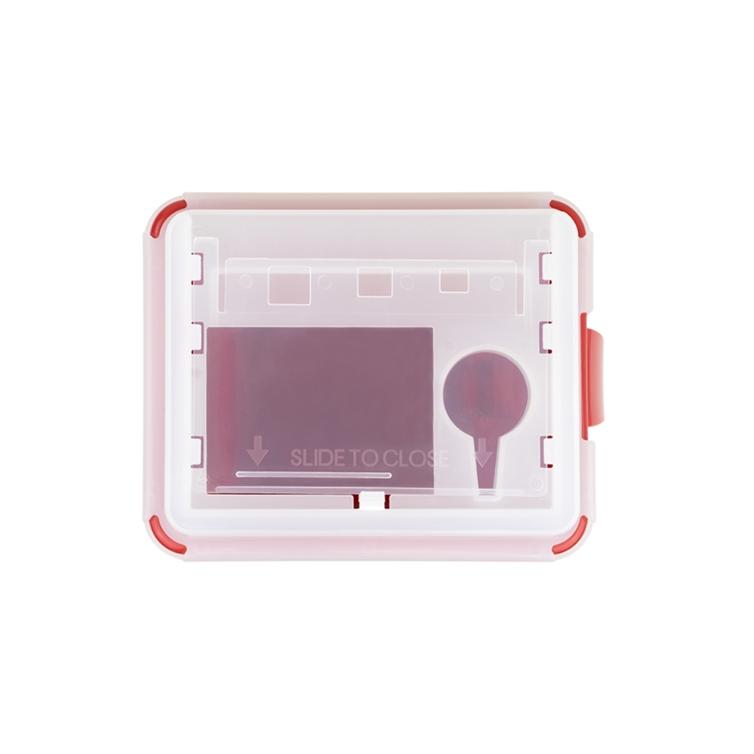 The Dynarex Sharps Containers feature a compact rectangular design with a clear lid, red edges, and interior compartments (including a small circular section), labeled "SLIDE TO CLOSE" for safe medical sharps disposal.